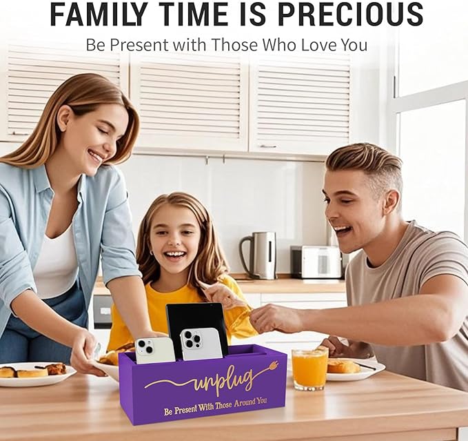 Bamboo Wood Phone Box – Unplug from Phones, Tablets, and Electronics for Study, Meetings, and Family Time, Phone Holder Organizer with Charging Holes, Farmhouse Style, Holds Up to 18 Phones-Purple