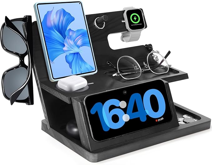 Gifts for Men 3-in-1 Charging Stand Compatible with iPhone 16 Charger Station, Nightstand Organizer Wood, Fathers Day Perfect for Dad Husband Boyfriend Son, for iPhone 16/15/14/13/12 Max Plus, Watch