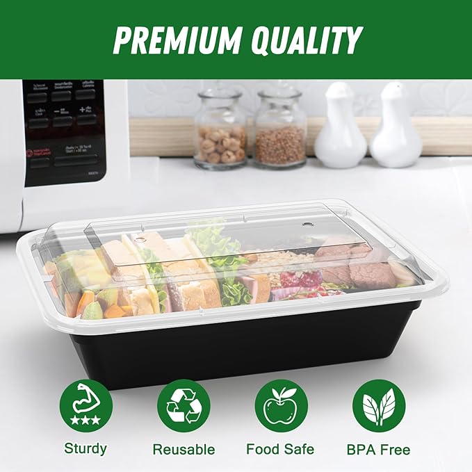 50 Pack (100-Piece) 32 oz Meal Prep Containers Reusable with Lids, Sturdy Leakproof & Food Safe, Microwave, Freezer, Dishwasher Safe Prep Containers, To Go Take Out Plastic Food Storage