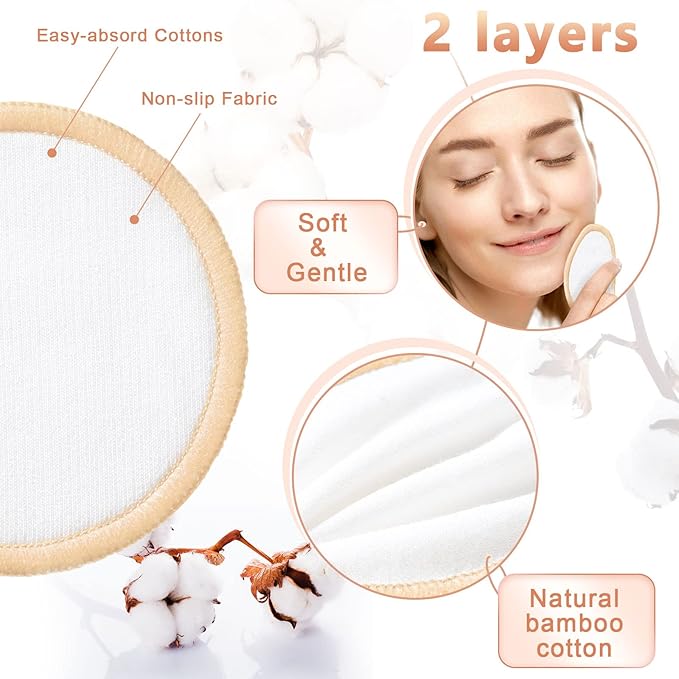 Foaincore 40 Pcs Reusable Makeup Remover Pads with Mesh Laundry Bag Washable Bamboo Cotton Rounds Soft Reusable Face Pad for Toner Skin Types with Bamboo Holder(White, Tan)
