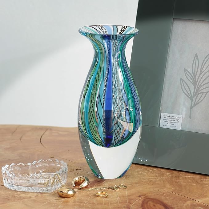 Ca D Oro Small Glass Vase Boho with Blue/Green Canes Hand Blown Murano-Style Art Glass - Model Nº 2