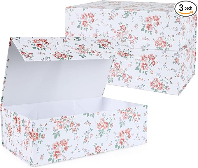 Rose Floral Gift Box with Magnetic Lids 13.8x8.3x4.4 in, Large Bridesmaid Proposal Boxes, Rectangle Wedding Decorative Storage Box 3 Pack