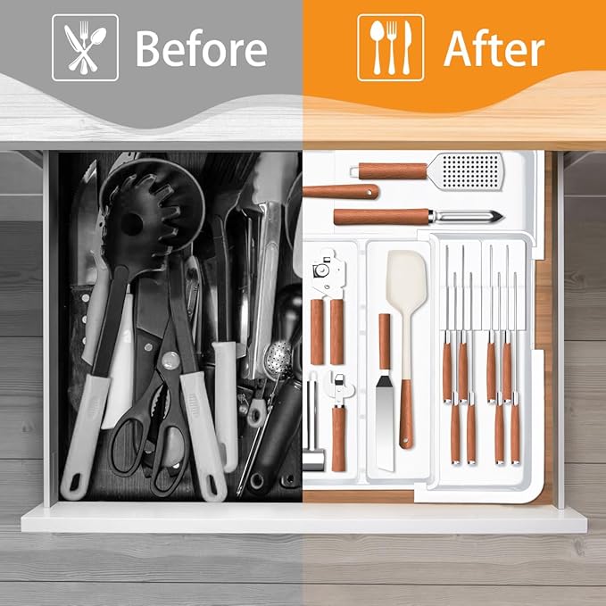 Kitchen Drawer Organizer Large Expandable Silverware Organizer, Utensil Holder and Flatware Tray, Kitchen Spatula Tools and Gadgets Storage with Removable Knife Blocks and 3 Dividers, White