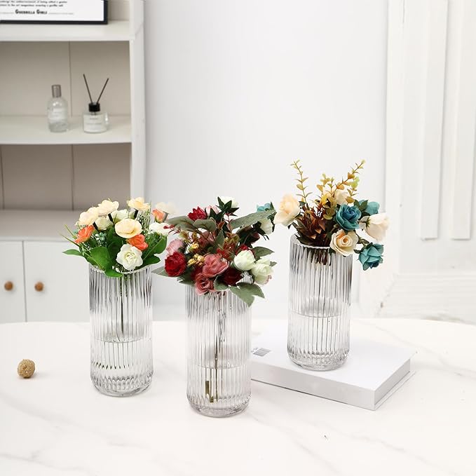 Clear Glass Vases, Flower Vases Set of 3, Ribbed Glass Vase for Tulips, Tall Cylinder Glass Vases for Living Room, Bedroom, Dining Table, Office, Wedding, Bookshelf Decoration, 8 Inches