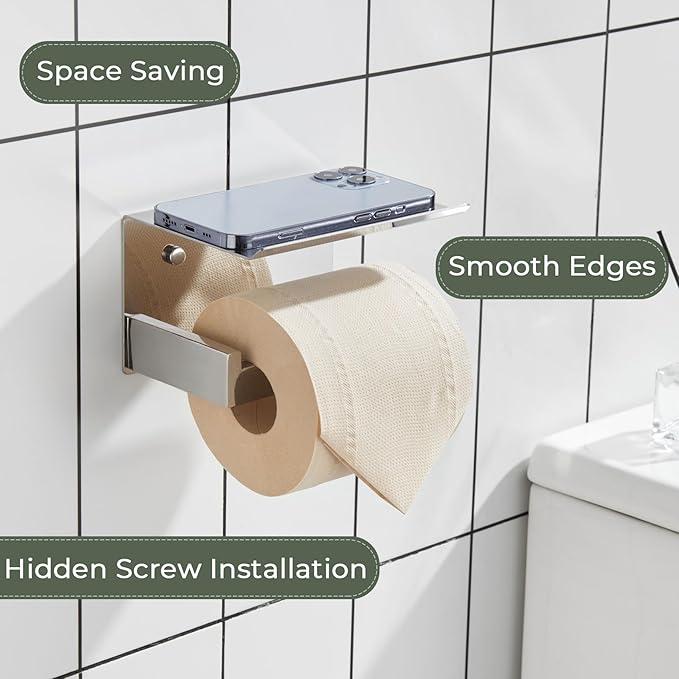 KOKOSIRI Toilet Paper Holder with Shelf Chrome Bathroom Toilet Roll Holder for Restroom T-304 Stainless Steel Wall Mounted, Polished Finish, B2010CH