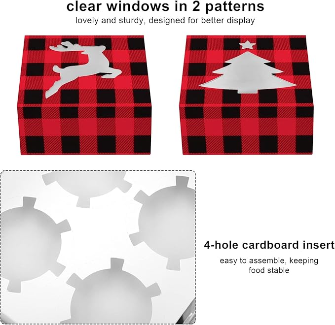 Ruisita 30 Pack Christmas Cupcake Boxes Plaid Cookie Gift Boxes Food Treats Container with Tags for Cupcake, Candy, Party Favors (Red+Black, 6.3 x 6.3 x 3 Inches)