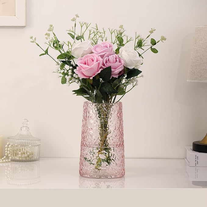 Pink Glass Vase, Flower Vases for Bouquet, Modern Glass Vase for Flowers, Large Vases for Living Room, Bedroom, Kitchen, Office, Wedding, Dining Table, 8 Inches