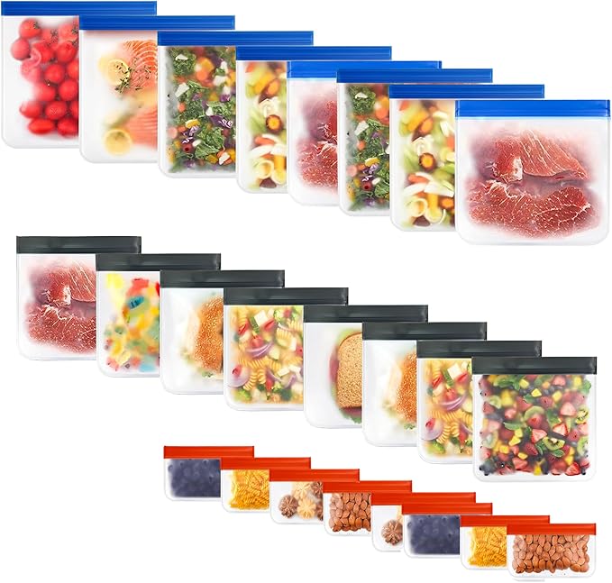 24-Pack Reusable Silicone Food Storage Bags – BPA-Free, Leakproof Ziplock Set | Includes 8 Small, 8 Medium & 8 Large | Freezer-Safe & Eco-Friendly for Kitchen, Meal Prep & Travel