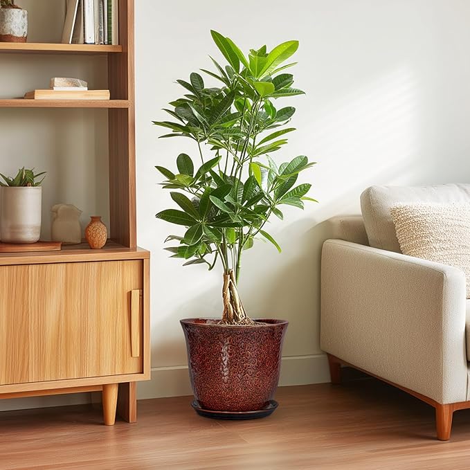 10 Inch Plant Pot - Ceramic Pots for Plants with Drainage Hole and Saucer, Round Flower Pot for Indoor Outdoor, Modern Ceramic Planter, Garden Room Home Decor, House Warming Gifts, Red