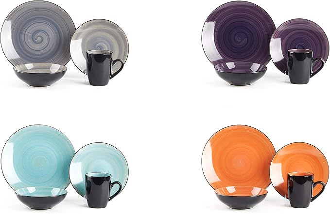 Sonoma 16 Piece Stoneware Dinner Set, Samoa, Outside Black + Inside Hand painted Combi Colors of Grey, Orange, Purple and Turquoise) with speckle