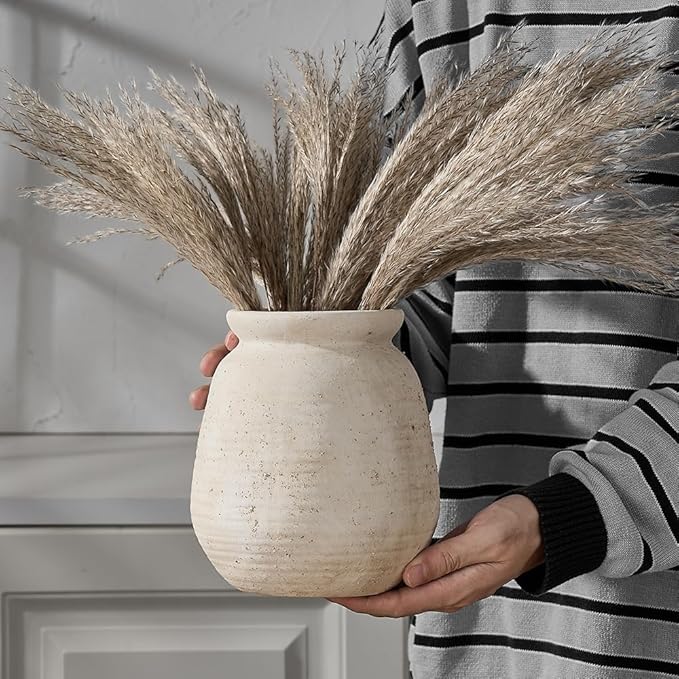 SIDUCAL Ceramic Rustic Farmhouse Vase | 7.3 Inch Pottery Decorative Flower for Home Decor | Sand Glaze Finish Boho Vase for Table, Living Room, Bathroom Decoration, Shelf Decor, Mantel, White