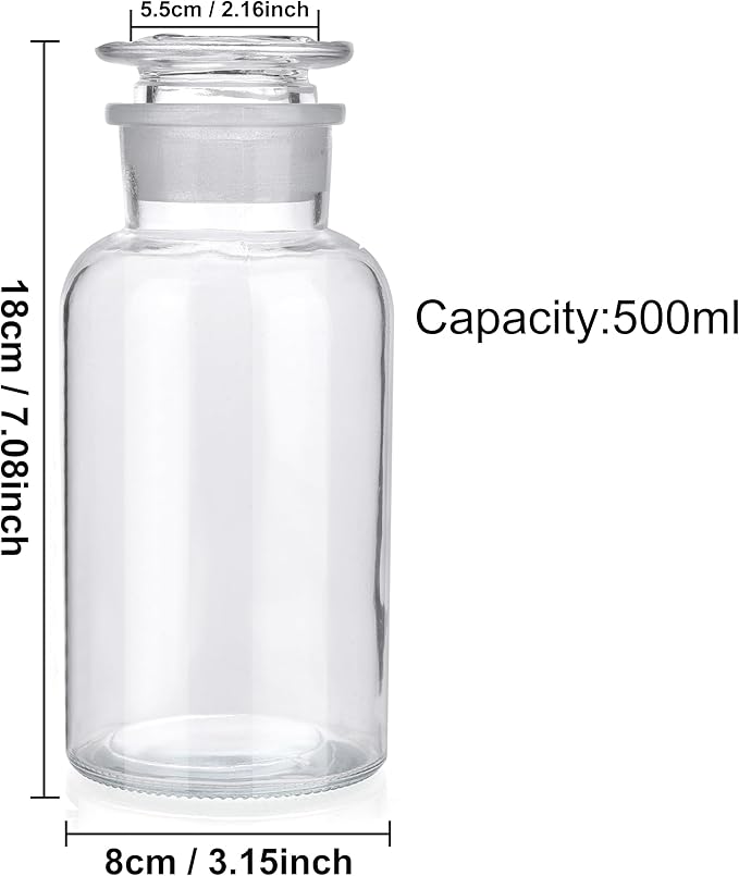 Lab Glass Reagent Bottle,Wide Mouth Glass Storage Bottle with Ground Stopper,Decorative Bottles/Vase (Clear, 500ML)