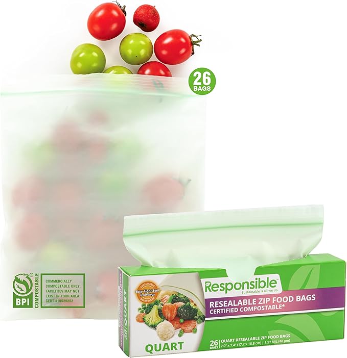 Responsible Products Certified Compostable QUART Resealable Zip Bag, Extra Strength Food Bags, Plant-Based Freezer-Safe (26 Pack)
