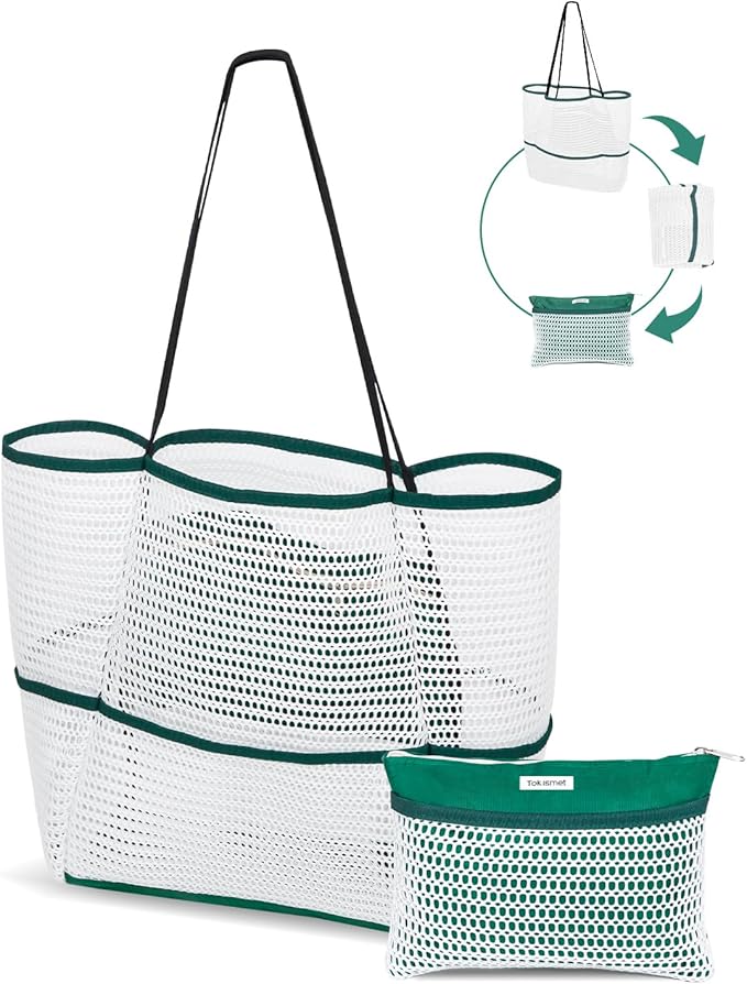Mesh Beach Tote Bag Packable,2025 New 2-in-1 Large Lightweight Foldable Beach Bags with Multiple Pockets for Women