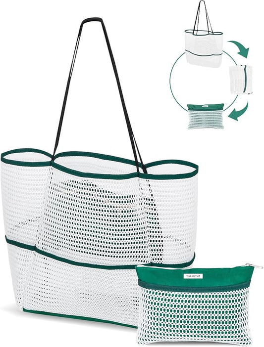 Mesh Beach Tote Bag Packable,2025 New 2-in-1 Large Lightweight Foldable Beach Bags with Multiple Pockets for Women