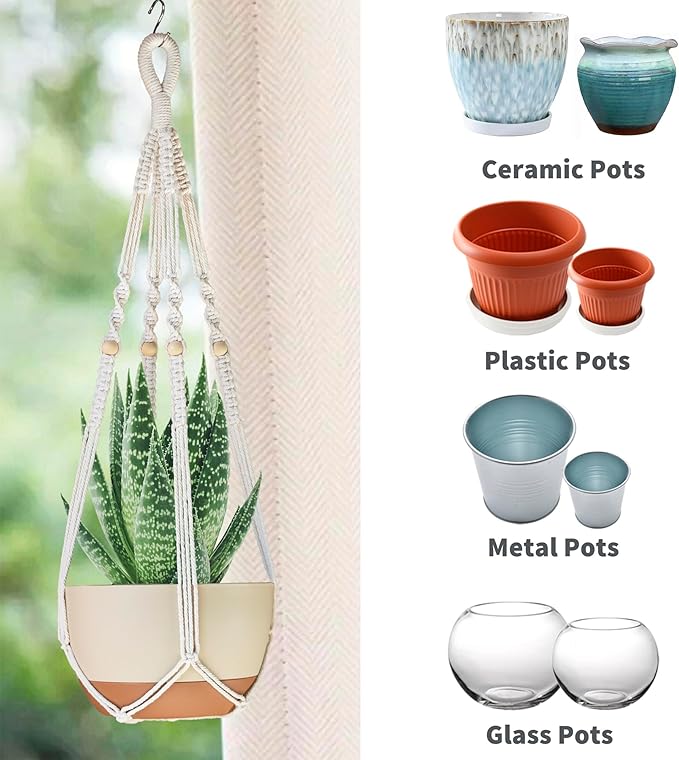 35 Inch Macrame Plant Hanger Indoor Outdoor Fits 4 to 15 inch pots Hanging Planter Basket with Wood Beads and No Tassels,Boho Home Decor,Ivory,Set of 3 (Pots Not Included)