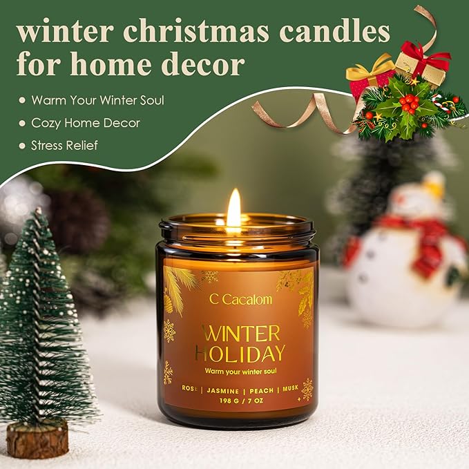 Christmas Soy Candles for Christmas Home Decor Non-Toxic Aromatherapy Scented Candles for Holiday Christmas Gifts, Cozy Cute Jar Candle, Winter Candle for Women Men, Winter Holiday Jasmine Rose Candle