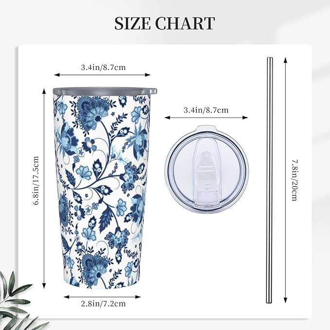 Blue White Porcelain Pattern Tumbler,Ceramics Flower 20oz Stainless Steel Insulated Travel Tumblers,Travel Coffee Mug with Lid and Straw Water Bottle Drink Cups Gifts for Women Men Lovers