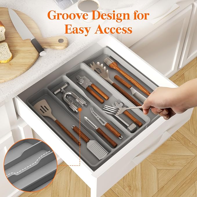 Lifewit Utensil Drawer Organizer, Expendable Cooking Silverware Tray for Kitchen Drawer, Adjustable Cutlery Flatware Holder, Plastic Spatula Tools and Gadgets Storage Divider, 4 Compartments, Gray