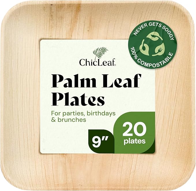 Chic Leaf Palm Leaf Disposable Bamboo Plates - Party Plates for Weddings & Event Appetizers, Christmas Dinner Family Meal - Biodegradable & Compostable - Party Supplies (9", 20 Pack)