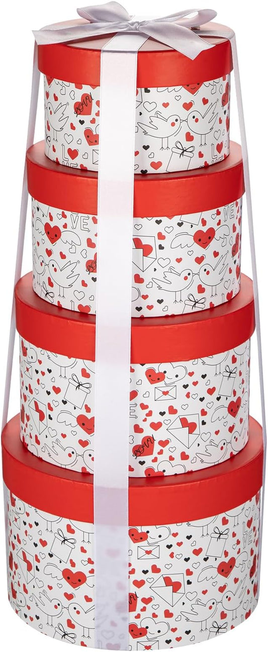 Luxury Round Nested Gift Boxes with Lids (Set of 4) – Reusable Sturdy Cardboard Gift Box Set for Birthdays, Weddings, Anniversaries, Christmas, and Valentine’s Day – Red & White