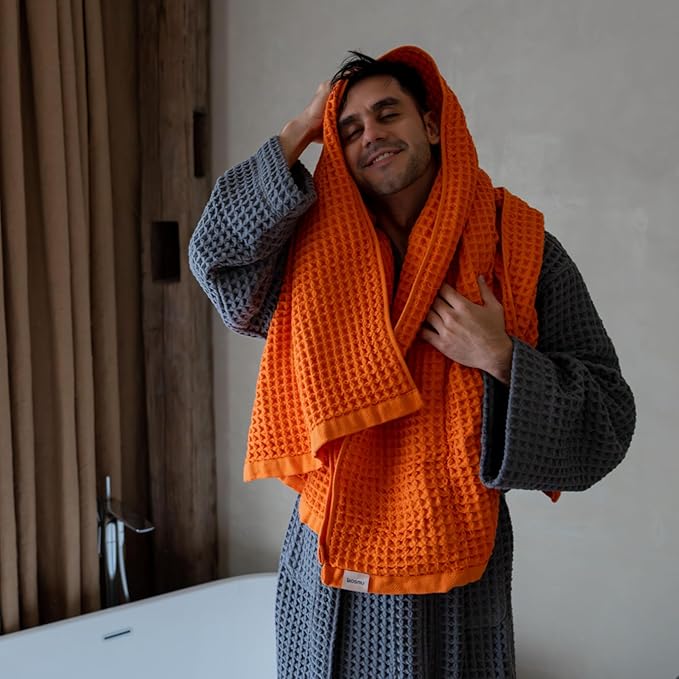 Luxury Japanese Cotton Waffle Bath Towel | Plush, Absorbent, and Quick Dry | Free Storage Bag Included (Coral Orange, Bath Towel (Set of 2))