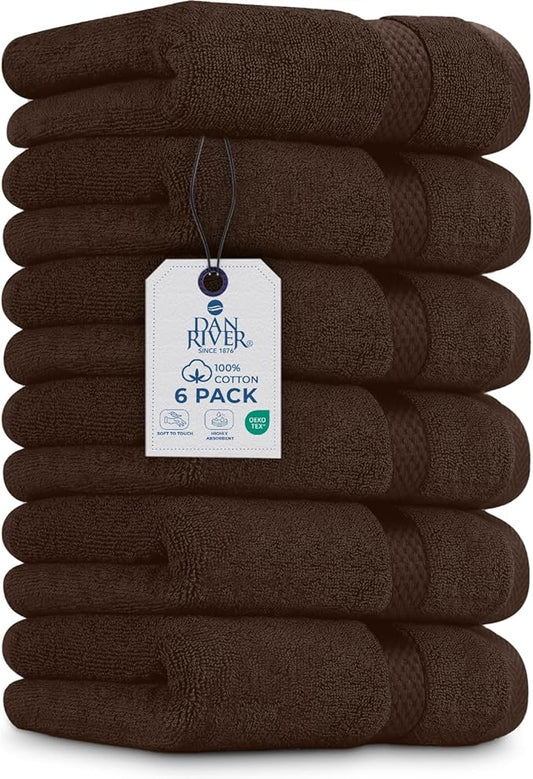 DAN RIVER 6-Pack Premium Hand Towels (16x28 Inches) - 100% Cotton, Ultra Soft, Lightweight, Highly Absorbent Towels for Bathroom, Spa, Gym, Salon, Hotel, and Travel - 550 GSM – Brown
