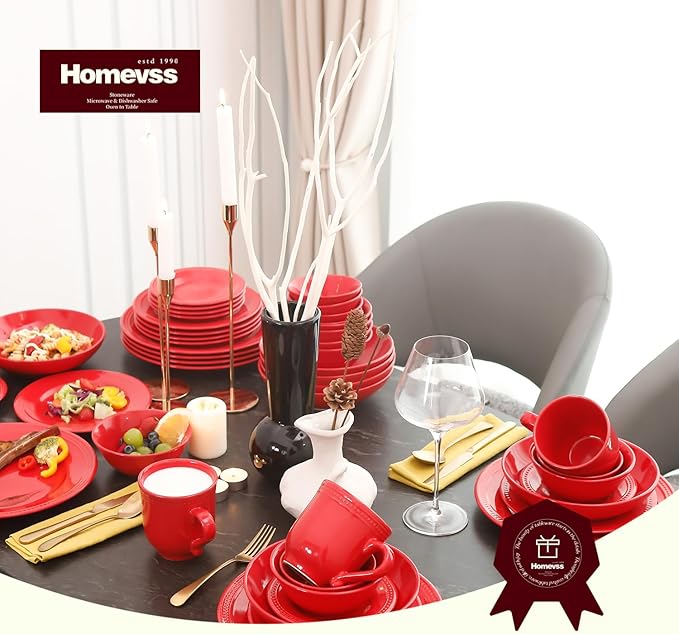 Pearl Dots Stoneware Dinnerware Set (42pc Set, Red)