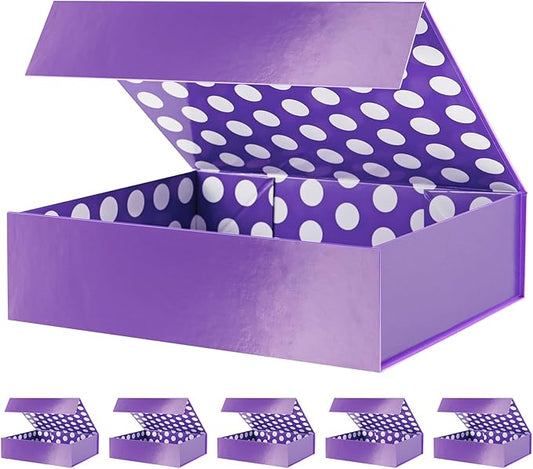 GREEN BEAN 6 Gift Boxes 13x9.7x3.4 Inches, Large Purple Gift Boxes with Lids for Presents, Magnetic Gift Boxes for Clothes, Shirt Gift Boxes (Glossy Metallic Purple, Dot Design Inside)
