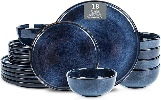 Vicrays Ceramic 18 Pieces Dinnerware Set - Dinner Plates Salad Plates Cereal Bowls Set Service for 6 - Scratch Resistant Microwave Oven Dishwasher Safe - Blue