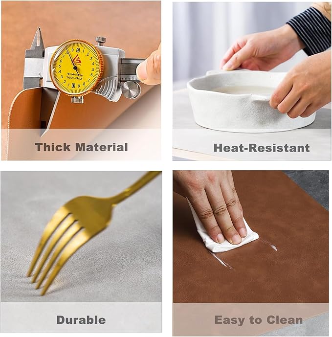 UnivoColors Washed Cowhide Pattern Faux Leather Big Size Placemats Set of 8, Waterproof Easy to Clean Anti-Slip PU Table Mats for Party Decoration19.7″×13.6″,Camel Retro Cowhide Pattern