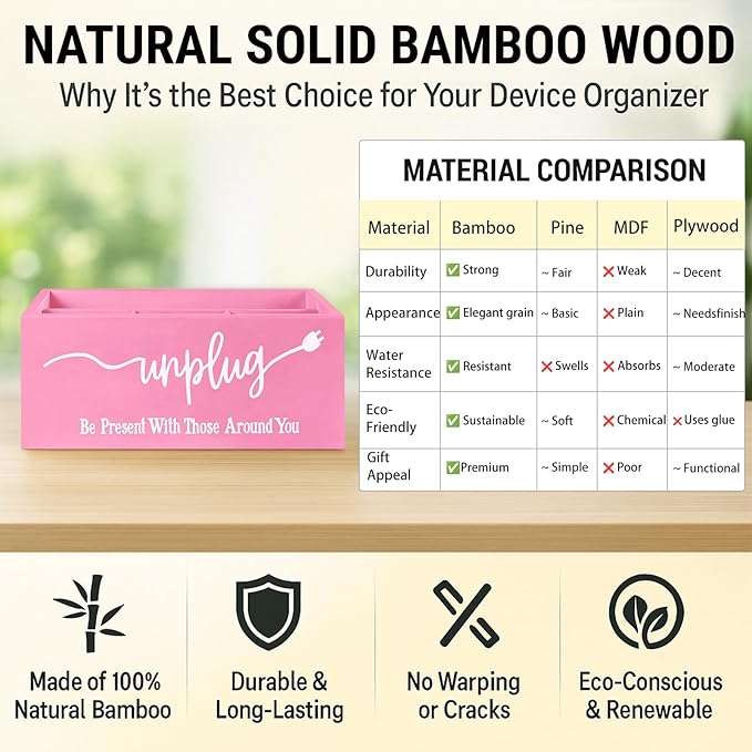 Bamboo Wood Phone Box – Unplug from Phones, Tablets, and Electronics for Study, Meetings, and Family Time, Phone Holder Organizer with Charging Holes, Farmhouse Style, Holds Up to 18 Phones-Pink