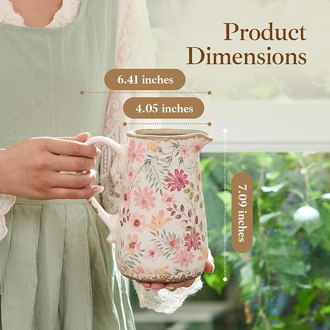 Vintage Colorful Daisy Flora Ceramic Vase with Handle, Retro Ice Glazed Crack Farmhouse Pitcher Vase for Home Decor, Living Room, Shelf, Office, Rustic Table Centerpiece 7 Inch