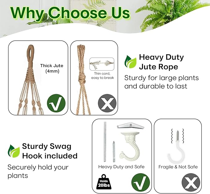 43 Inches Macrame Planter Hanger Large for 12 inch Pot + Swag Hook (Extra Long & Big) | Large Hanging Planter for Indoor Plants | No Tassel, Cotton Rope, NO Pot/Plant Included (Jute)(XL)