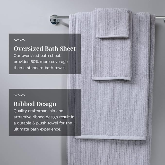 LUXOME Luxury Performance 2-Piece Bath Towel Set | Dual-Loop Design | Ultra Soft | Highly Absorbent | Quick Drying | Pebble (Light Grey)
