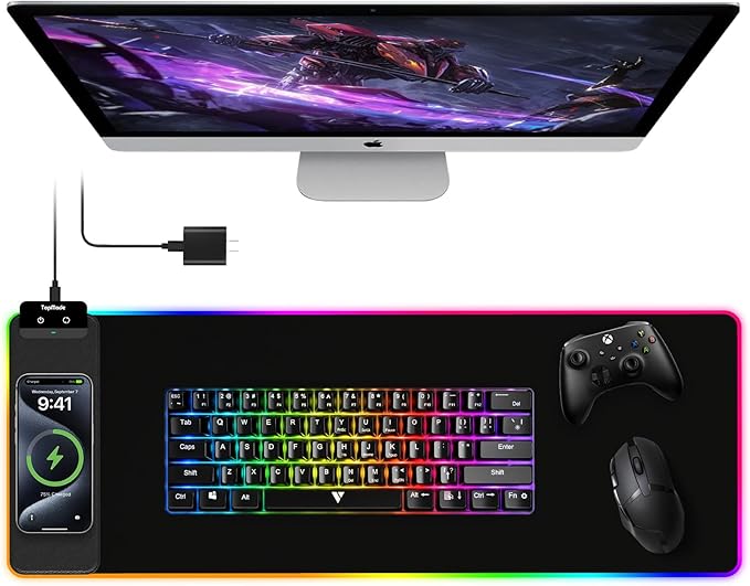 TopMade Mouse Pad with Wireless Charging, 31.5" x 11.81" Large Desk Mat RGB Gaming Mousepad, LED Desk Pad Keyboard Pad, Waterproof Desk Pad (Includes 20W PD Power Adapter & 6.56ft Woven Cable)