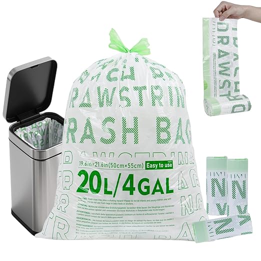 OKKEAI 4 Gallon Heavy Duty Drawstring Trash Bags, Green Printed Unscented Small Garbage Liners for Kitchen & Bathroom – 90 Count Leak-Proof