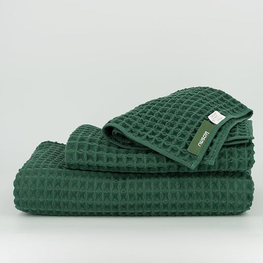 Luxury Japanese Cotton Waffle Bath Towel | Plush, Absorbent, and Quick Dry | Free Storage Bag Included (Forest Green, Bath Towel Set (3-Piece))