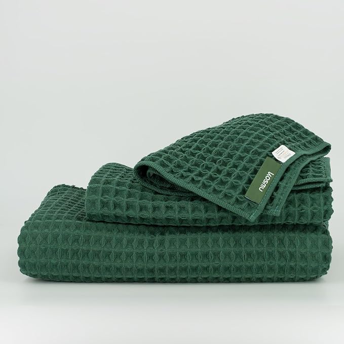 Luxury Japanese Cotton Waffle Bath Towel | Plush, Absorbent, and Quick Dry | Free Storage Bag Included (Forest Green, Bath Sheet Set (3-Piece))