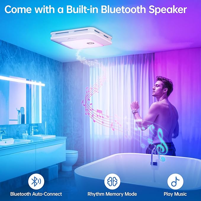 Bathroom Exhaust Fan with Bluetooth Speaker, 230 CFM 1.0 Sone Bathroom Exhaust Fan with Light, 3 Dynamic Light, 7 LED Color, 3 Color Temperatures, Nightlight,Remote, Easy Install (White)