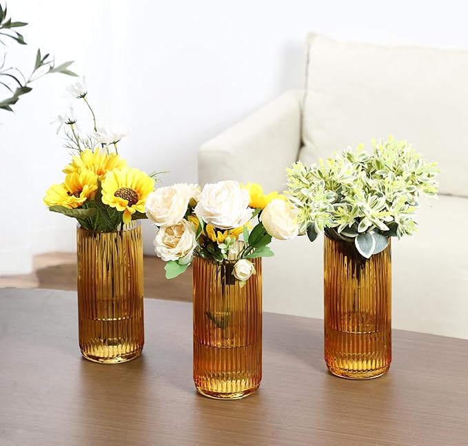Amber Glass Vases, Flower Vases Set of 3, Ribbed Glass Vase for Tulips, Tall Cylinder Glass Vases for Living Room, Bedroom, Dining Table, Office, Wedding, Bookshelf Decoration, 8 Inches