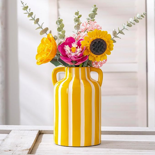 Yellow and White Ceramic Vase with Handles, Stripes Floral Vase for Home Decor, Flowers Kitchen Bookshelf Mantle, Living Room Coastal Decor, Rustic Table Centerpiece, Cottage Core Decor 9.1 in