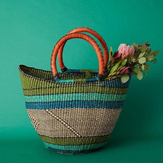 Blue Green Picnic Basket, Kitchen & Dining Storage, Reusable Grocery Bag, Countertop Fruits Holder, Farmers Market, Beach, Harvesting, Foraging, Decorative, Wicker, Woven, Boho Style