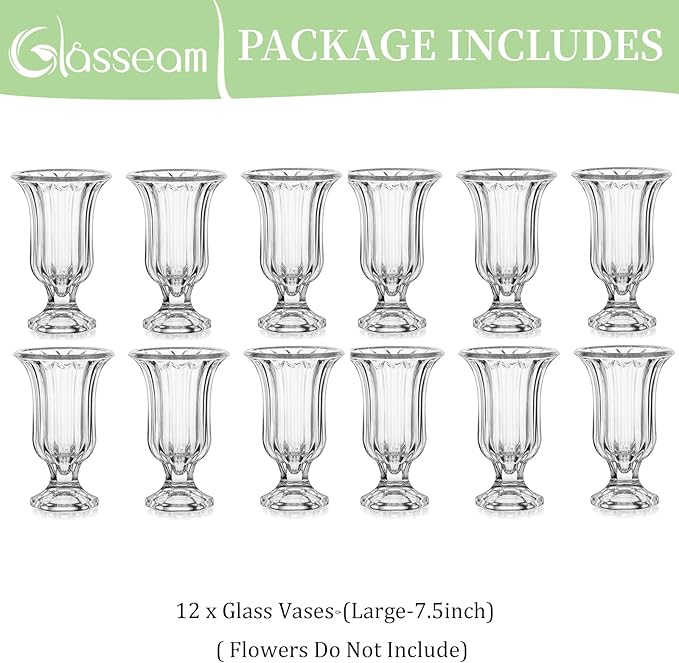 Glasseam Ribbed Glass Vase for Flowers, 7.5in Tall Vases for Centerpieces, Modern Crystal Clear Vase Set of 12, Decorative Flower Vases for Decor, Fluted Footed Urn for Wedding Dining Table Decoration