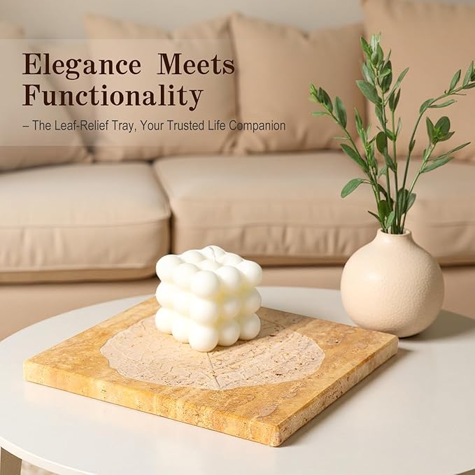 Marble Leaf Embossed Tray, Natural Golden Travertine Vanity Decorative Marble Tray for Bathroom, Jewelry, Kitchen and Desktop, Decorative Stone Pallet for Cosmetics, Perfume and Home Decor