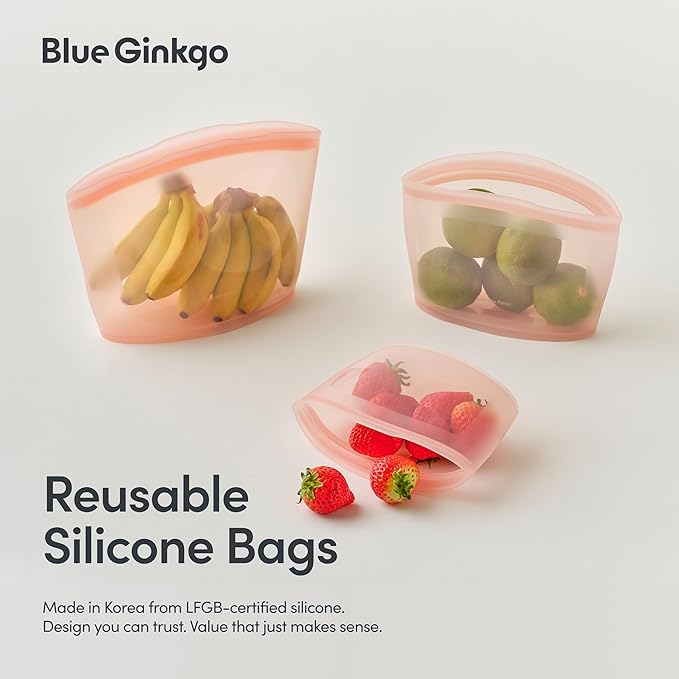 Blue Ginkgo Reusable Silicone Storage Bags – 3-Pack | Korean-Made Stand Up Food, Freezer Bags - Peach