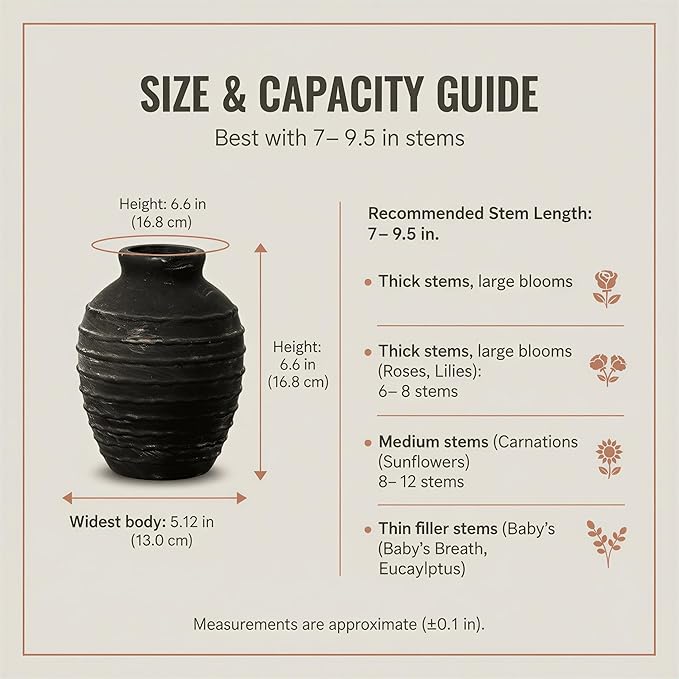 6.6-Inch Black Ceramic Flower Vase, Rustic Farmhouse Boho Pottery Decor for Table, Living Room & Shelf
