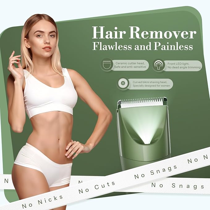 Flyant Bikini Trimmer for Women, 2 in 1 Electric Shaver for Women, Pubic Hair Trimmer Waterproof IPX7 with Led Display for Leg Arm Underarm Bikini Area, Christmas Gift Box for Friends - Dark Green