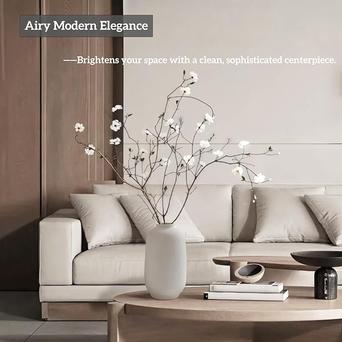 Large White Ceramic Vase, 10.8 inch Tall Textured Flower Vase, Minimalist Vintage Farmhouse Decor for Home, Living Room, Shelf, Table, Wedding Gift & Entryway Decoration (Sandstone White)