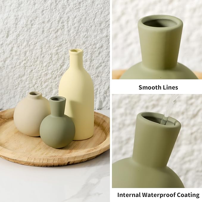 Vases Set of 3, Ceramic Vases Home Decor Rustic Vase Set Table Decor Vase Pottery Vases for Bouquet Pampas Grass Dried Fresh Flowers, Living Room Kitchen Bedroom Bathroom Entryway -Light Color